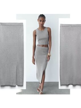 Zara metallic silver thread gray knit midi pencil skirt side slit Sz L NWOT